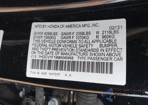 2021 Honda Accord Lx z USA, uszkodzony, nr VIN 1HGCV1F19MA040468